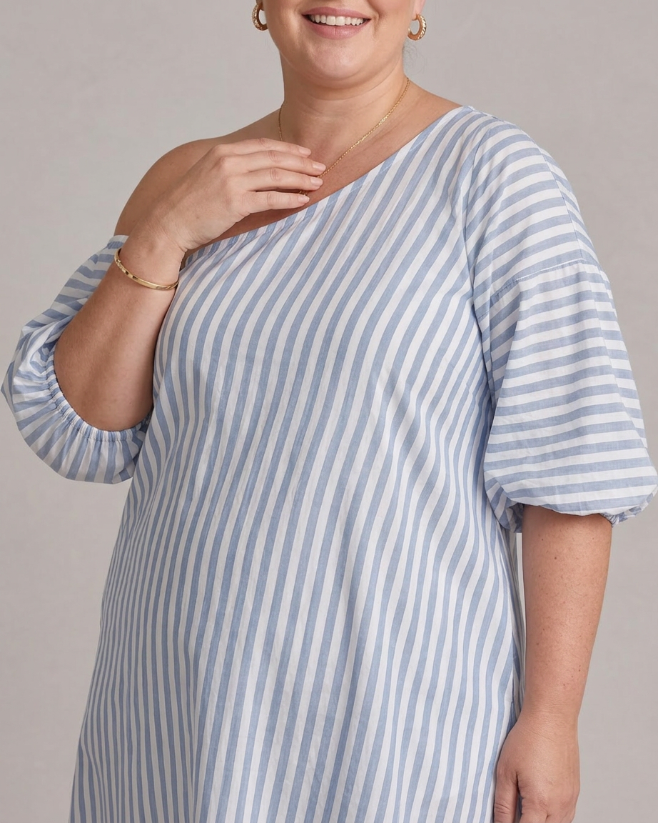 Seraphina | Randig Off Shoulder Puffärmad Midiklänning