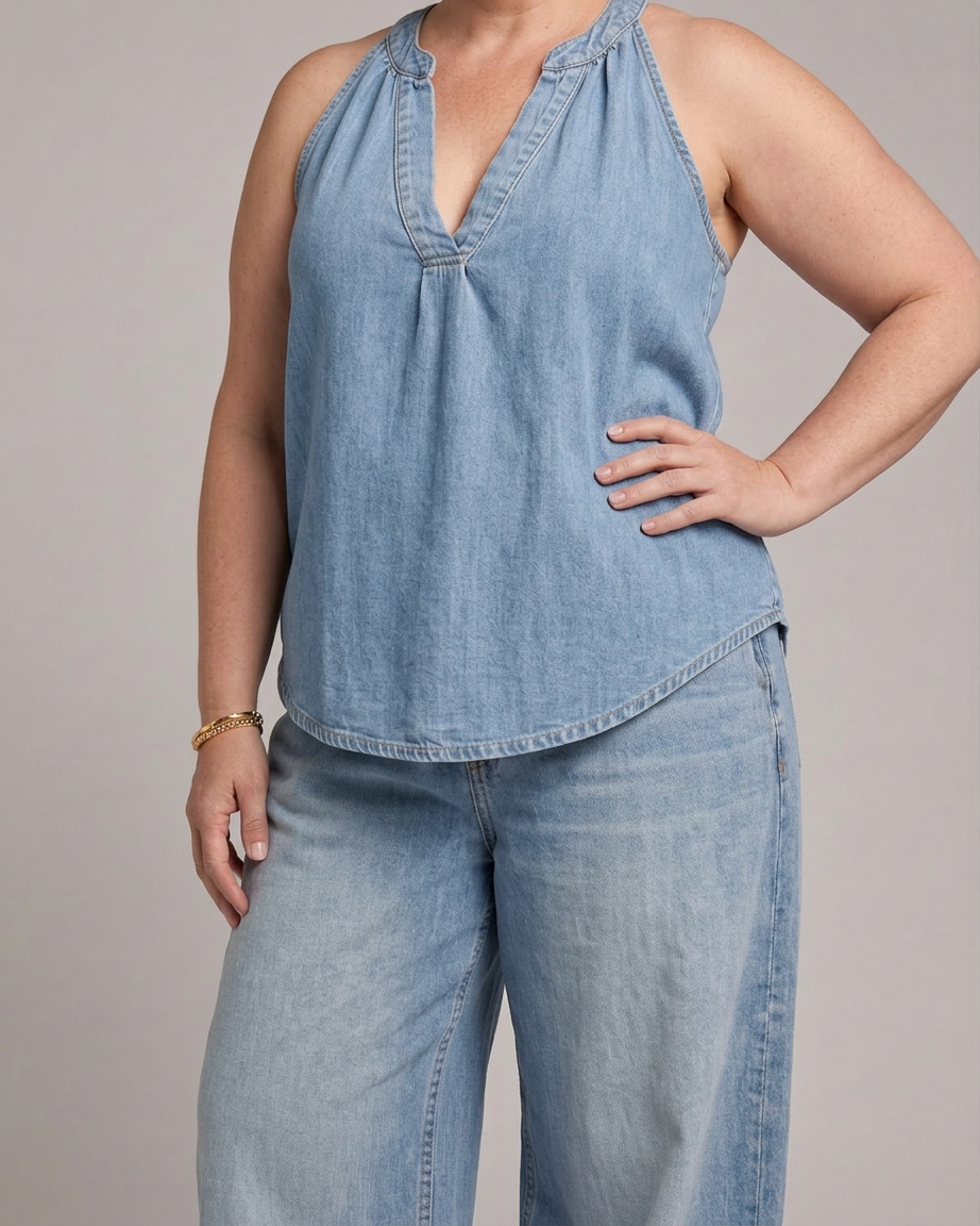 Opaline | Halterneck Denim Top och Vida Byxor Set