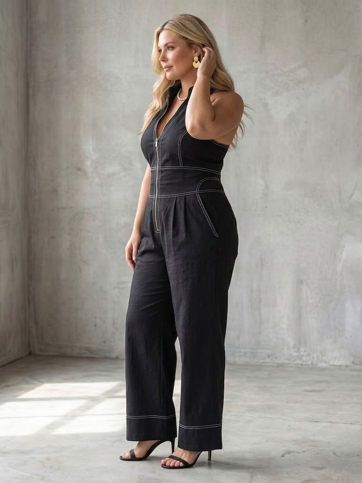 Nell | Zip Framsidan Kontrast Sömnad Bred Ben Jumpsuit