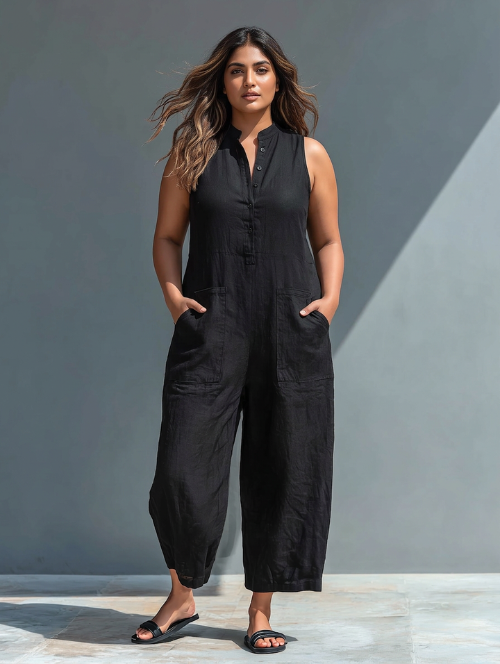 Ärmlös Minimalistisk Jumpsuit för Kvinnor med Hög Krage och Knappar