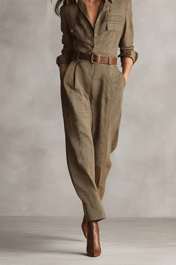 Ember - Brun Sofistikerad Tweed Textur Rutig Utility Jumpsuit
