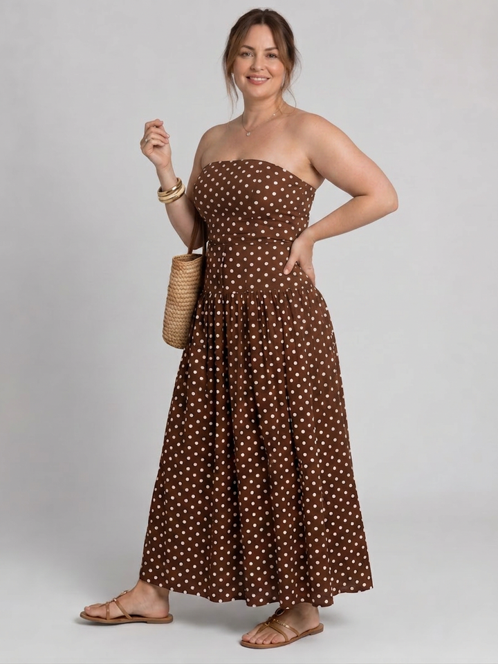 Olwen | Strapless Polka Dot Pattern Midi Klänning