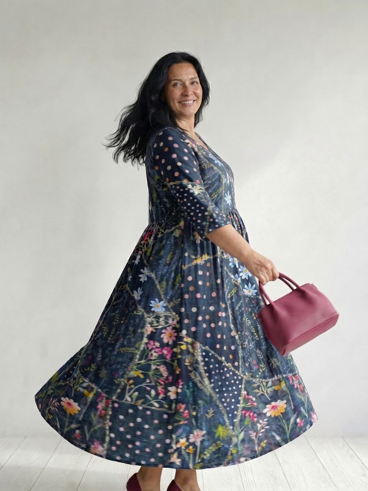 Thea | Lätt Samlad Blommig Midi Klänning