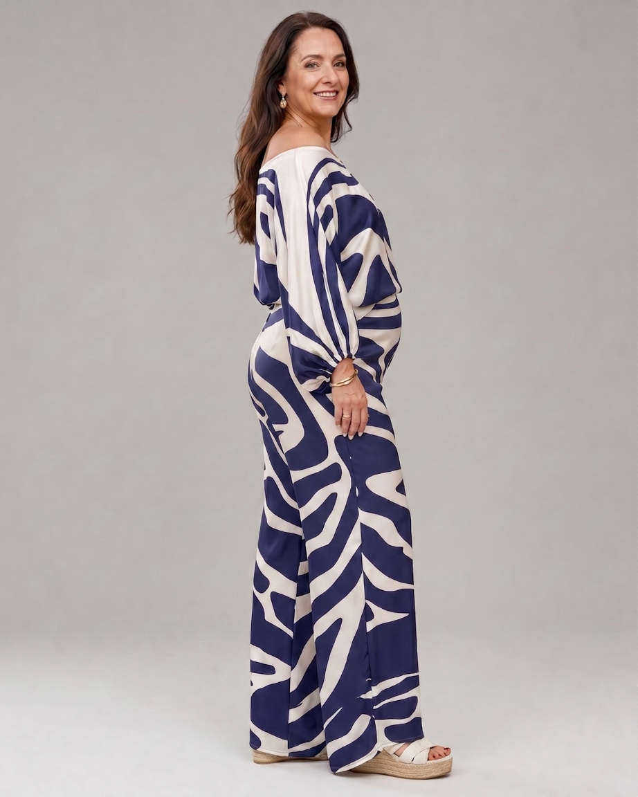 Calliope | Abstrakt Tryck Off Shoulder Top och Vida Byxor Set