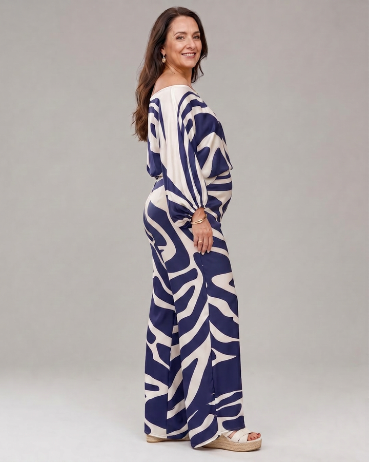 Calliope | Abstrakt Tryck Off Shoulder Top och Vida Byxor Set