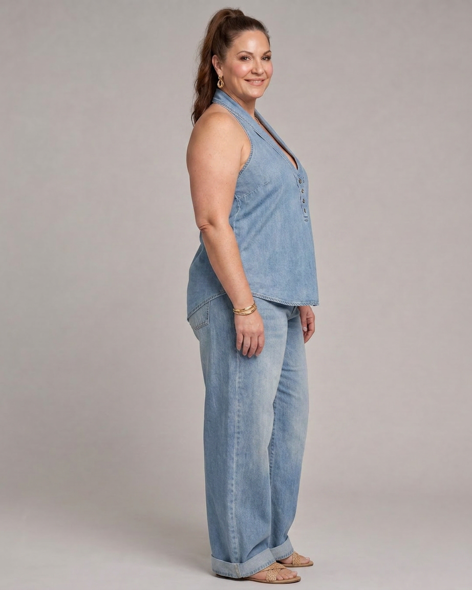 Opaline | Halterneck Denim Top och Vida Byxor Set
