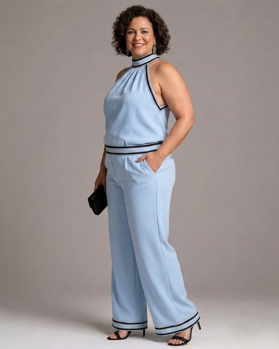 Saffran | Kontrastdetalj Halterneck Vidben Jumpsuit