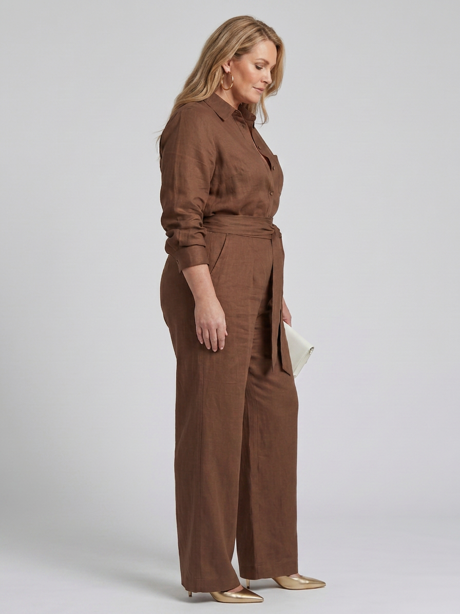 Bonnie | Långärmad knäppning fram bred ben jumpsuit