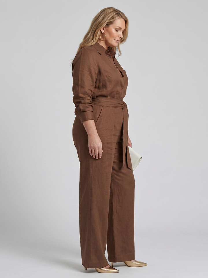 Bonnie | Långärmad knäppning fram bred ben jumpsuit