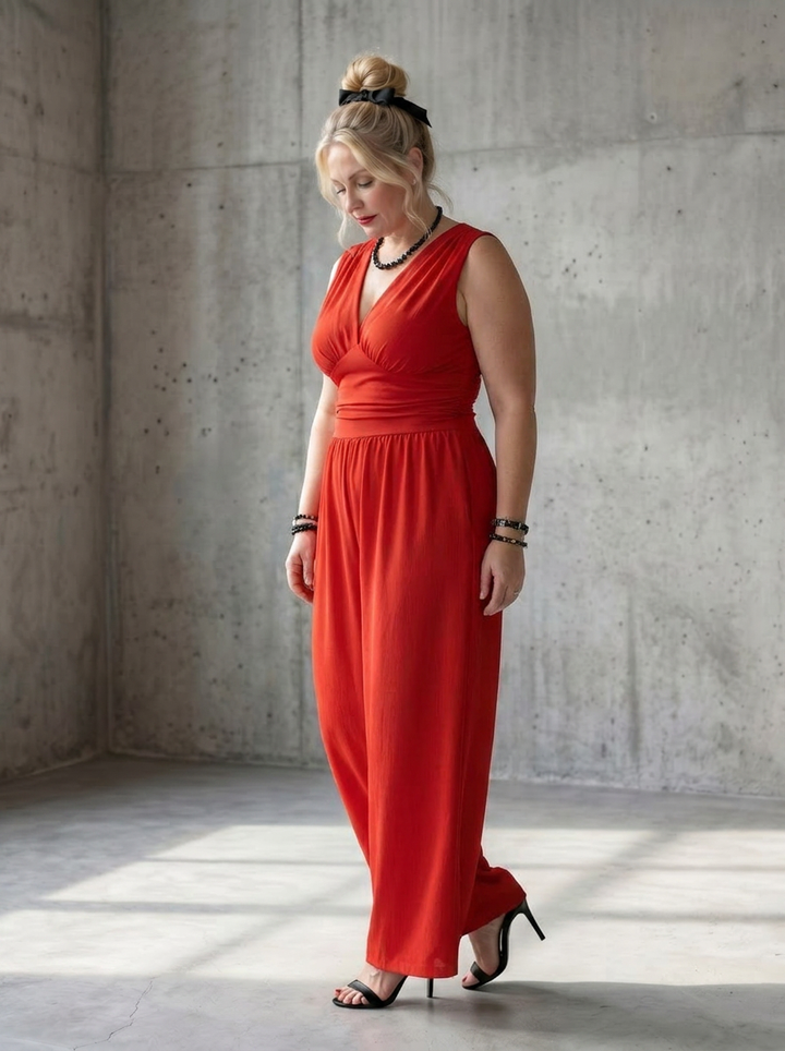 Tegan | Djup V-midja Definierad Vida Byxor Jumpsuit