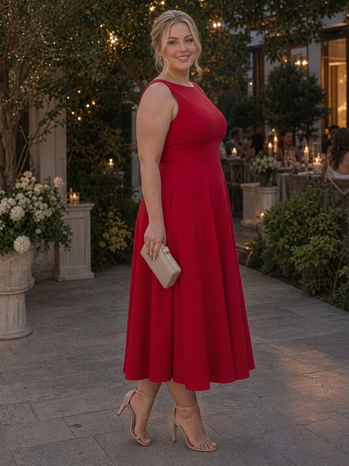 Isadora | Ärmless Crew Neck Fitted Bodice Midi Klänning
