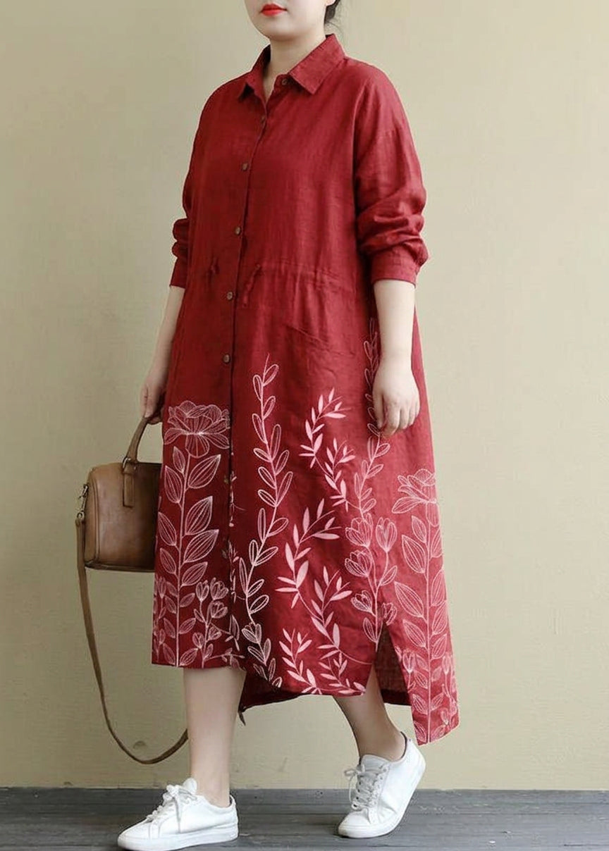 Isolde - Röd Linne Skjortklänning Casual Oversize Vår Maxi Klänningar