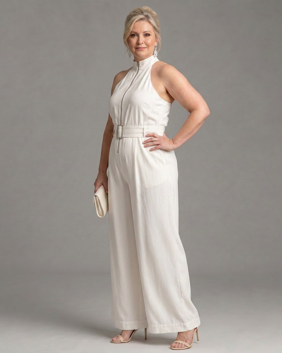 Fleur | Bälteshöjd Hög Nacke Bred Ben Ärmfri Jumpsuit