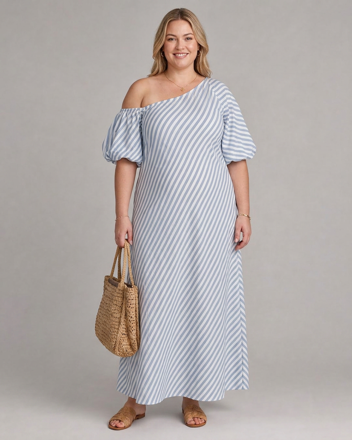 Seraphina | Randig Off Shoulder Puffärmad Midiklänning