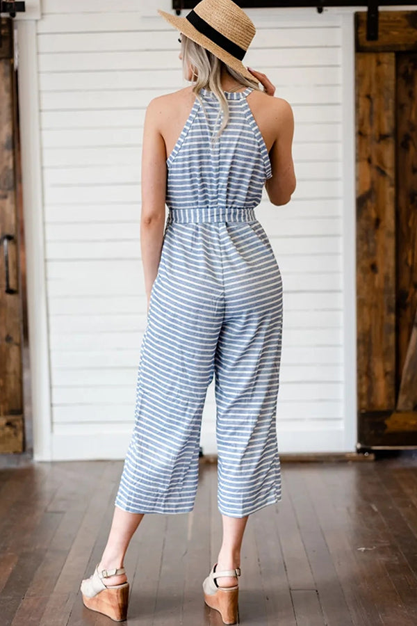 Olwen - Snygg Randig Jumpsuit med Knytning i Midjan