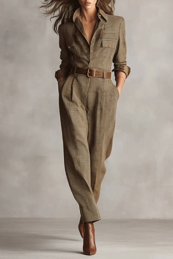 Ember - Brun Sofistikerad Tweed Textur Rutig Utility Jumpsuit