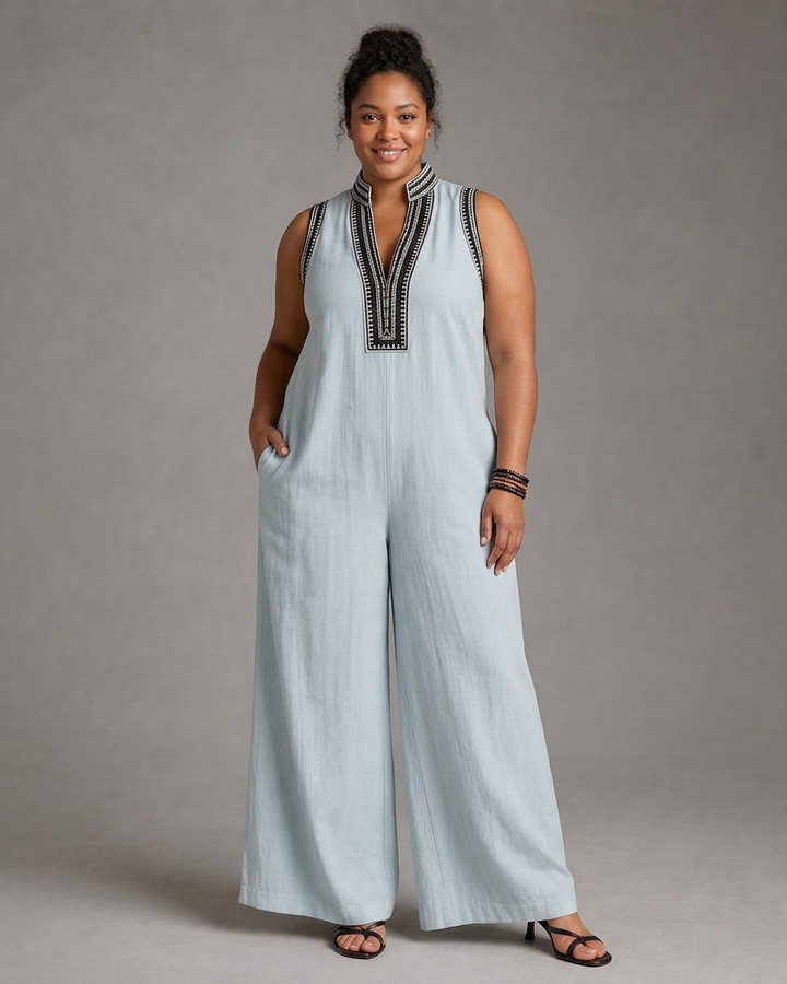 Wilhelmina | Broderad V-ringad ärmlös jumpsuit med vida ben