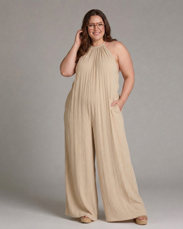 Wanda | Plisserad Halterneck Vid Ben Avslappnad Jumpsuit