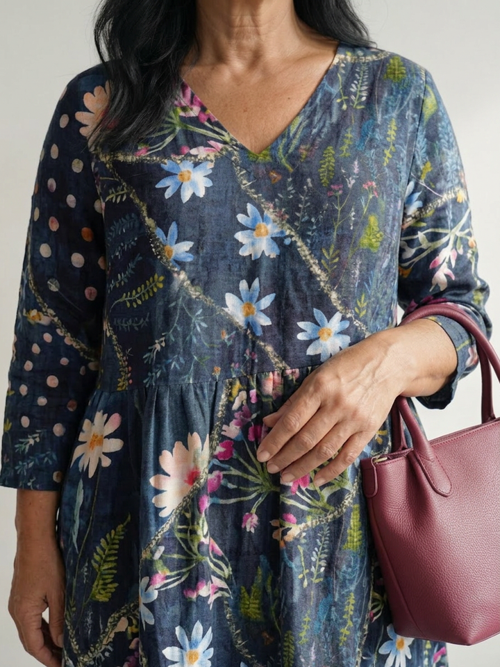 Thea | Lätt Samlad Blommig Midi Klänning