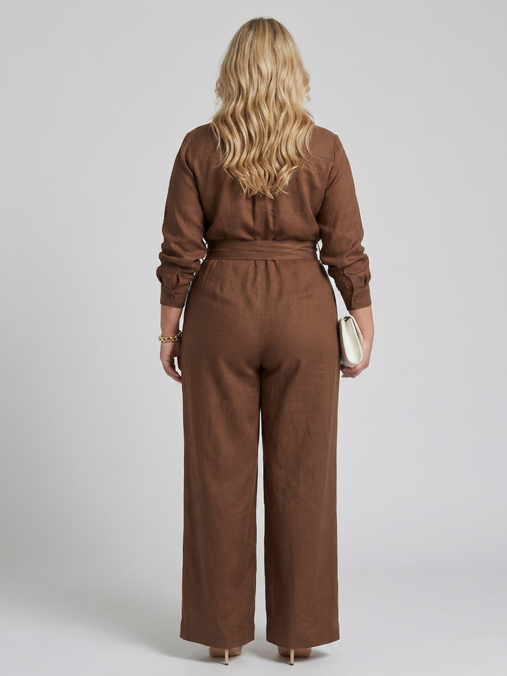 Bonnie | Långärmad knäppning fram bred ben jumpsuit