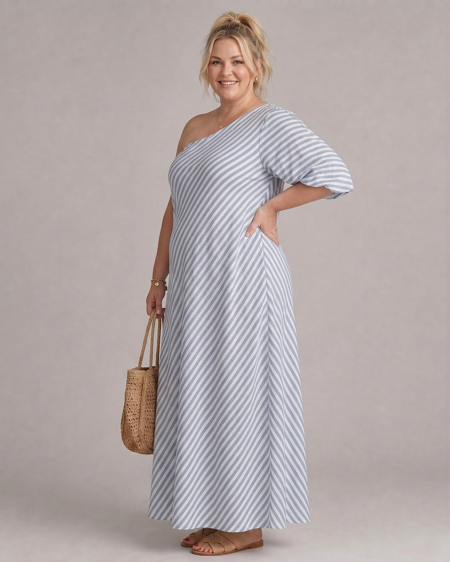 Seraphina | Randig Off Shoulder Puffärmad Midiklänning