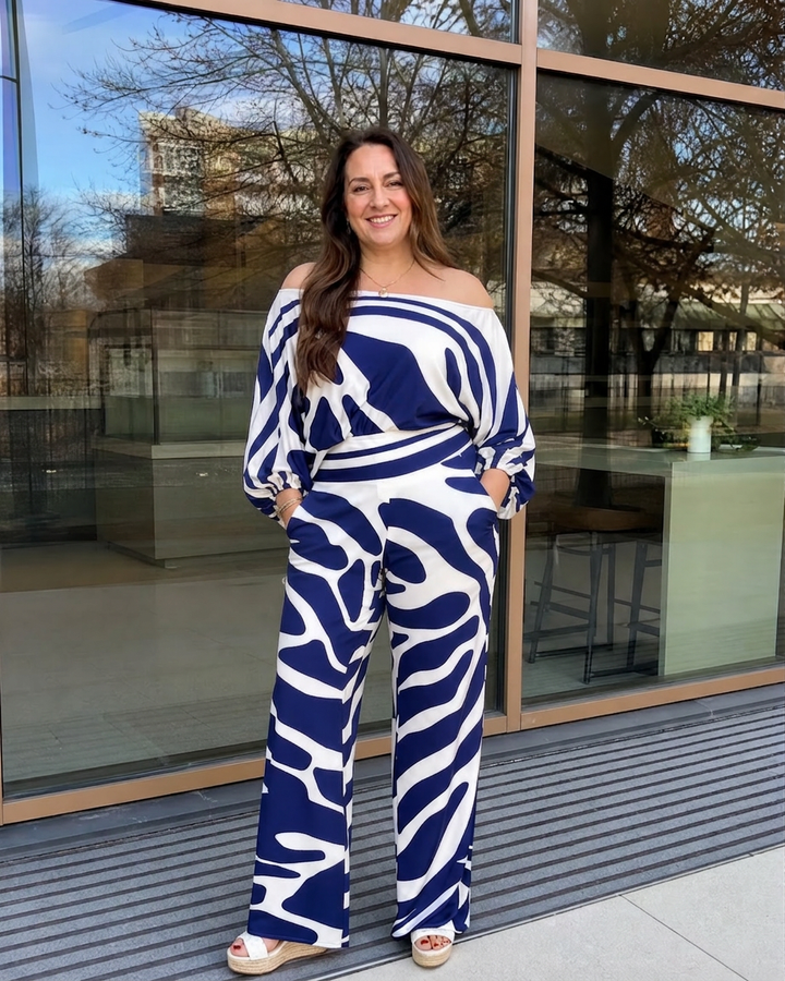 Calliope | Abstrakt Tryck Off Shoulder Top och Vida Byxor Set