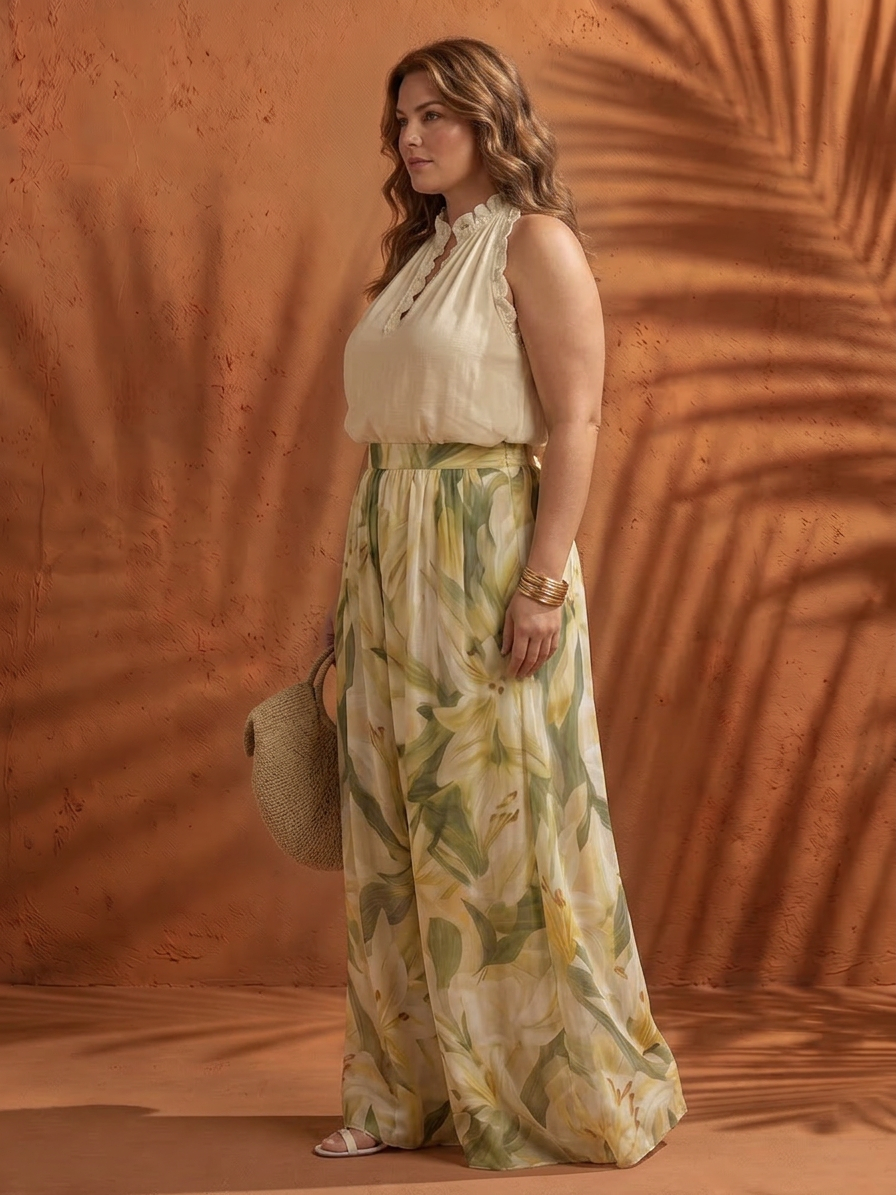 Ila | Halterneck Blus Blommig Vida Byxor Set