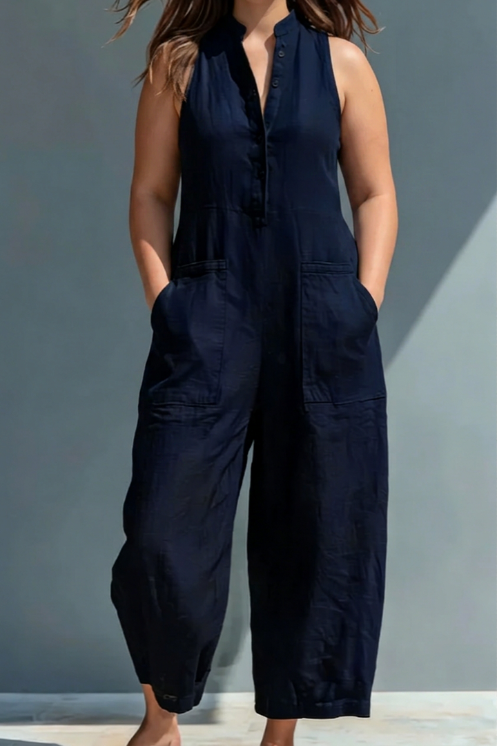 Signy - Svart Linneblandning Krage Jumpsuit