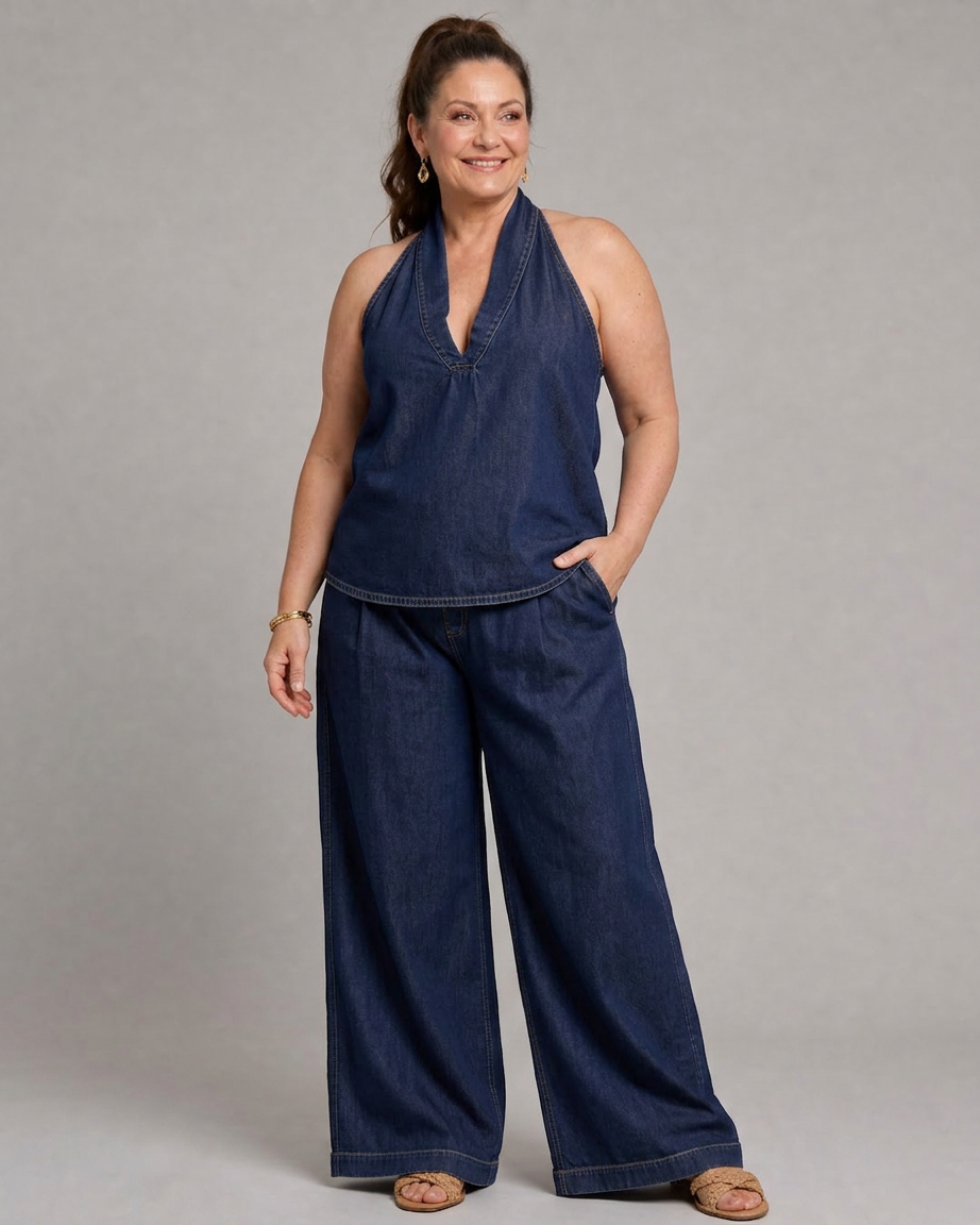 Opaline | Halterneck Denim Top och Vida Byxor Set