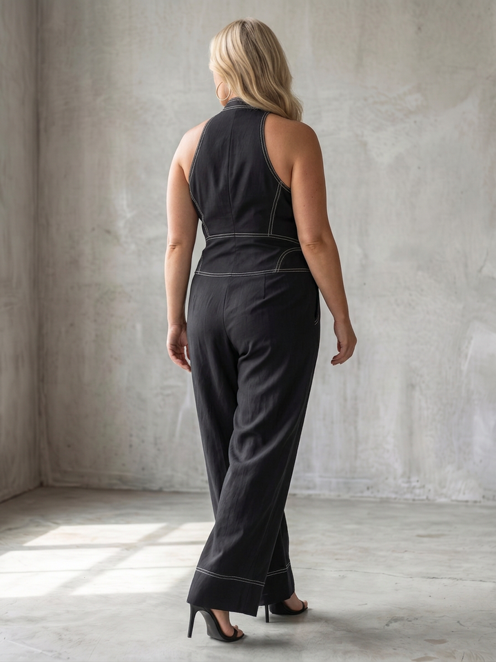 Nell | Zip Framsidan Kontrast Sömnad Bred Ben Jumpsuit