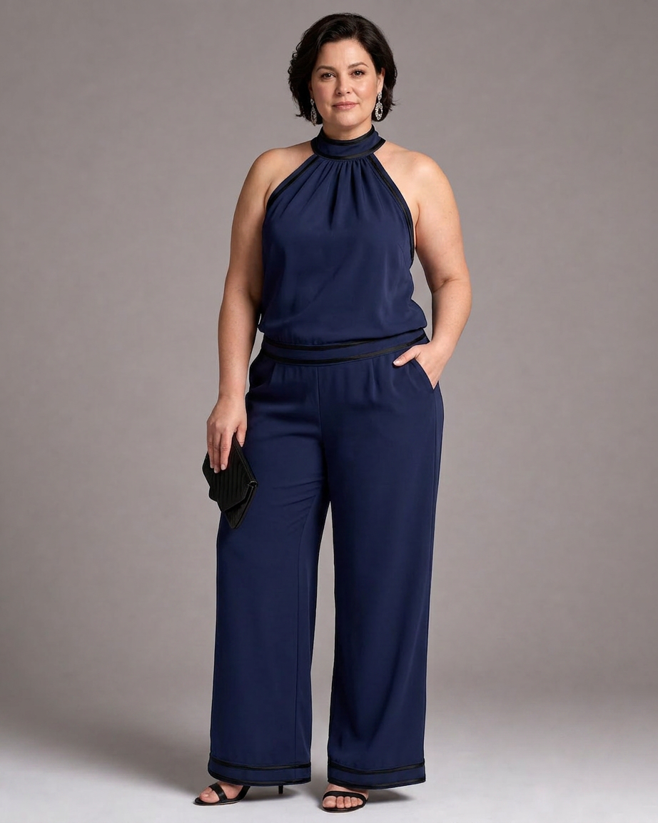 Saffran | Kontrastdetalj Halterneck Vidben Jumpsuit