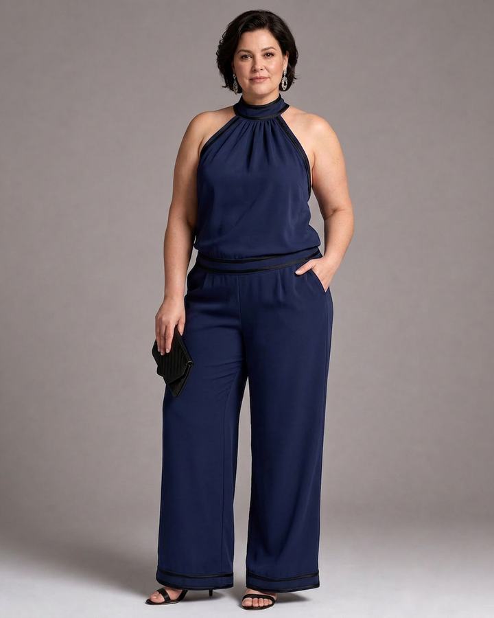 Saffran | Kontrastdetalj Halterneck Vidben Jumpsuit