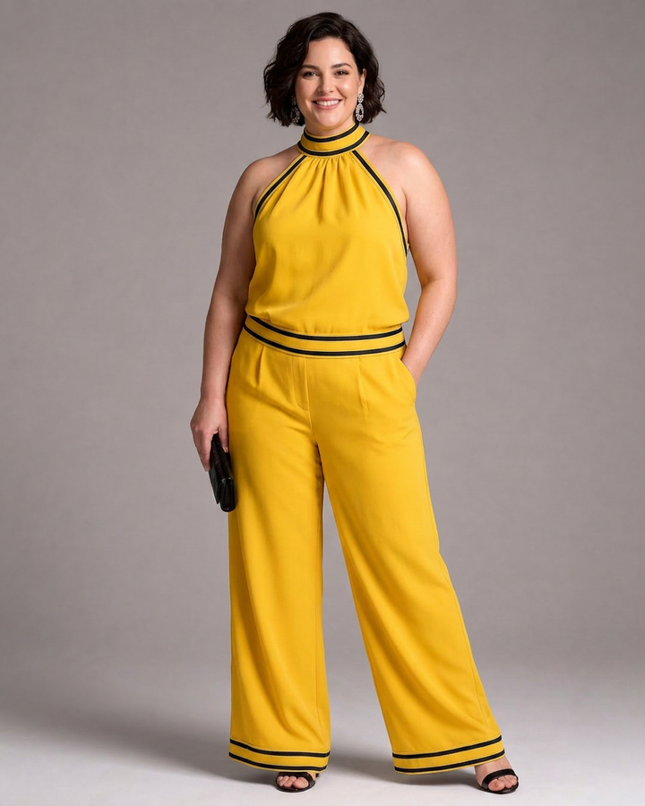 Saffran | Kontrastdetalj Halterneck Vidben Jumpsuit