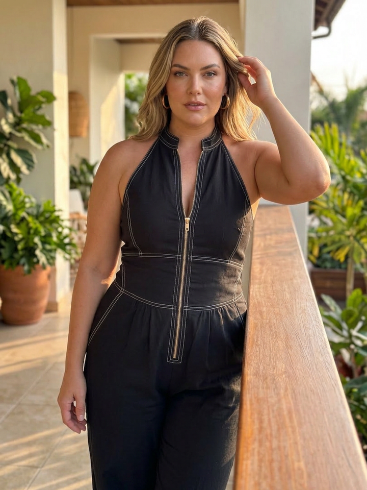 Nell | Zip Framsidan Kontrast Sömnad Bred Ben Jumpsuit