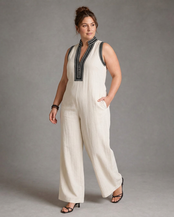 Wilhelmina | Broderad V-ringad ärmlös jumpsuit med vida ben