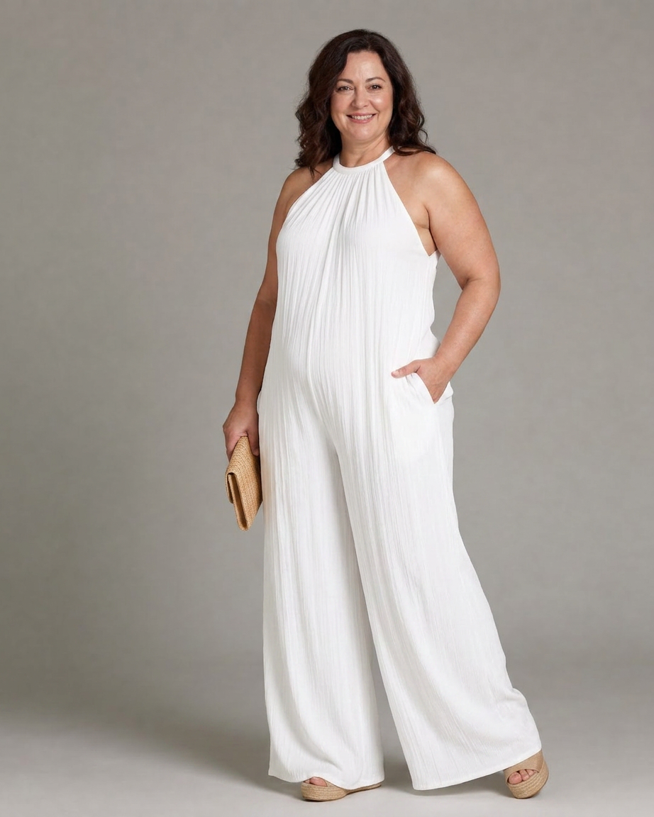 Wanda | Plisserad Halterneck Vid Ben Avslappnad Jumpsuit