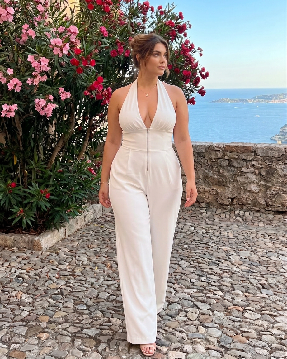 Amina | Halterneck Vid Ben Ärmlös Jumpsuit