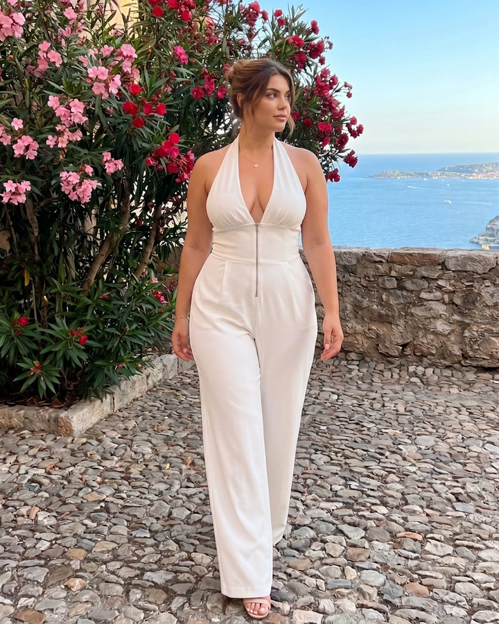 Amina | Halterneck Vid Ben Ärmlös Jumpsuit