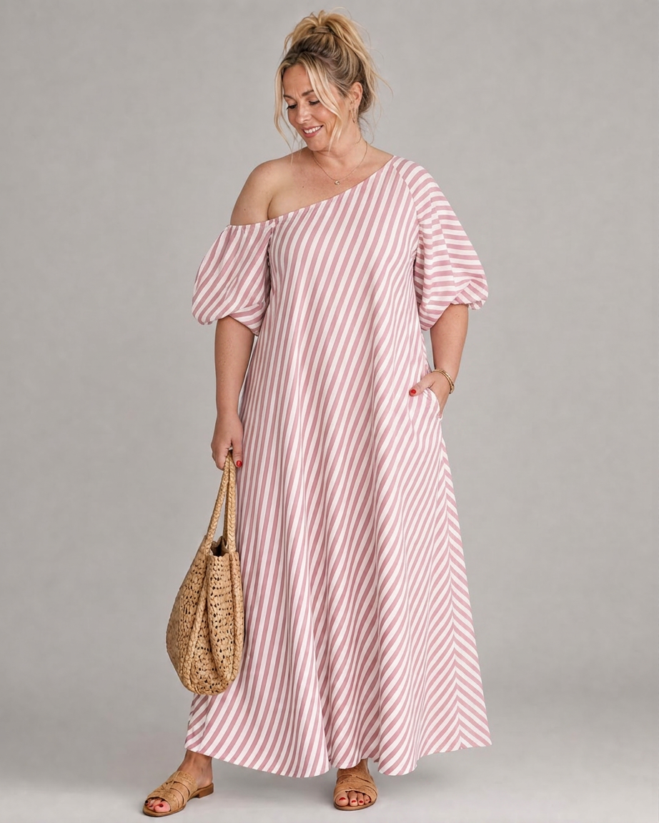 Seraphina | Randig Off Shoulder Puffärmad Midiklänning