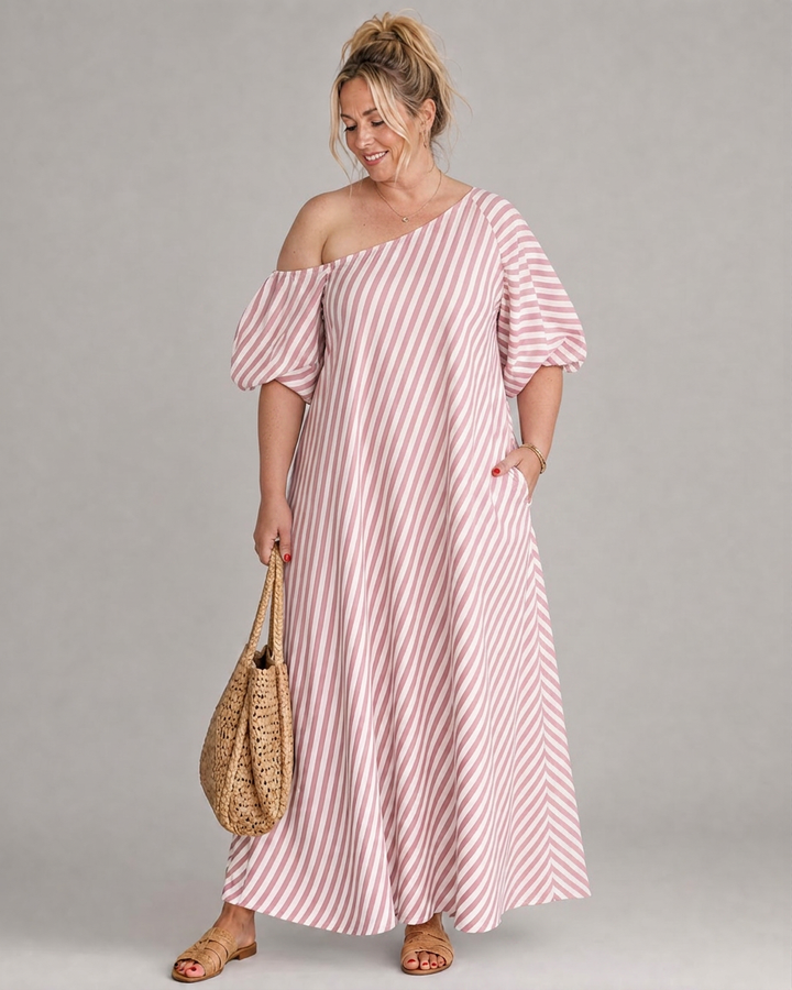 Seraphina | Randig Off Shoulder Puffärmad Midiklänning
