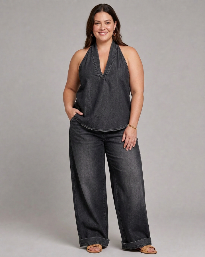 Opaline | Halterneck Denim Top och Vida Byxor Set