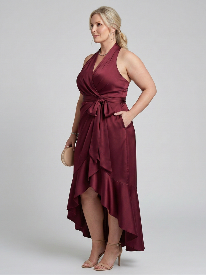 Amina | Halterneck Wrap Asymmetrisk Midiklänning