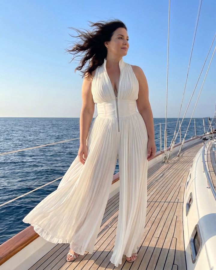 Eilwen | Plisserad Halterneck Bredbenad Jumpsuit
