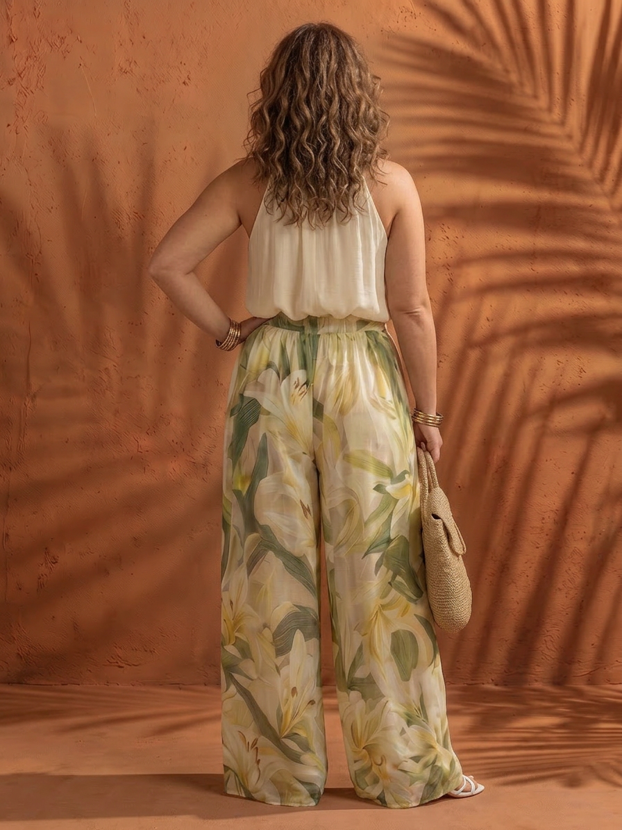 Ila | Halterneck Blus Blommig Vida Byxor Set