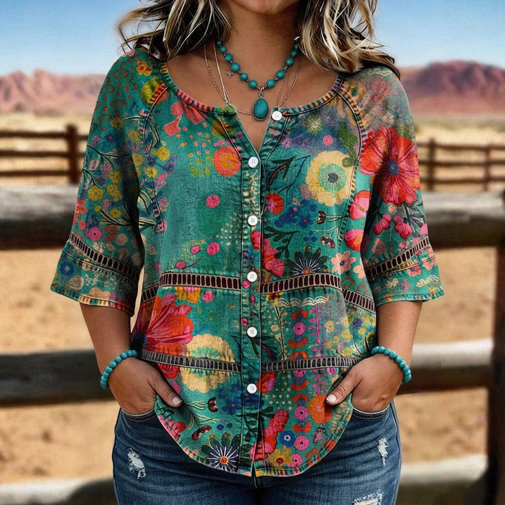 Sunniva | Vintage Blommig Tryck Blus