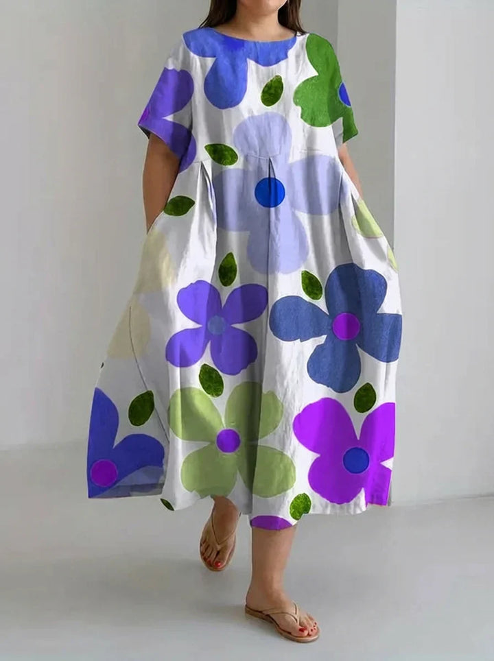Aveline | Retro Botanisk Blomsterdesign Tryckt Avslappnad Lös Klänning