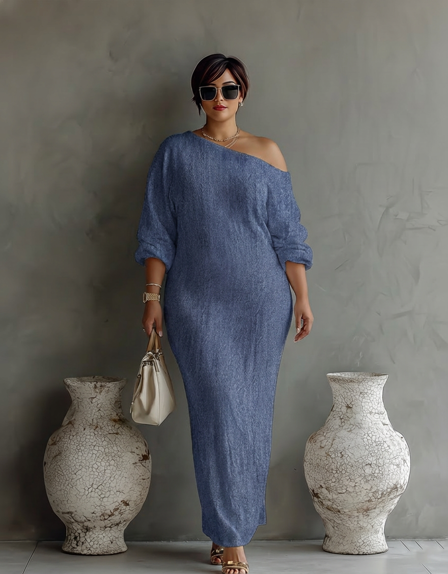 Elegant Flödande Klänning i Elfenben Vitt med Off-Shoulder