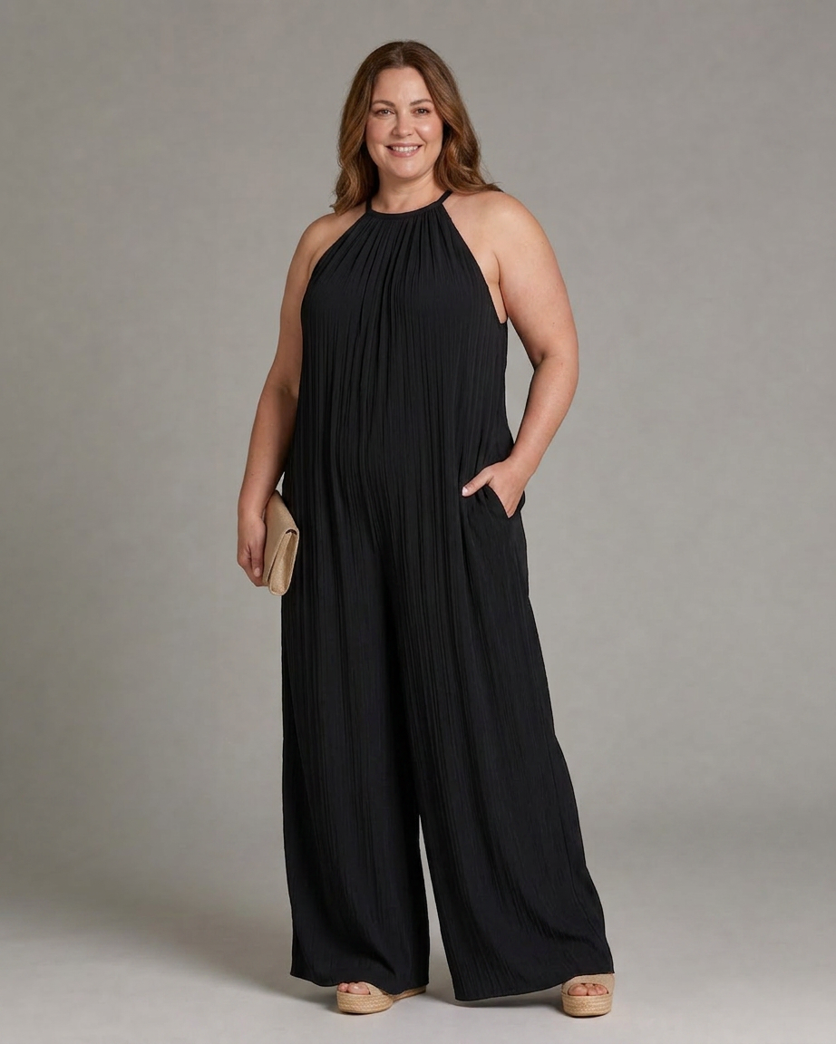 Wanda | Plisserad Halterneck Vid Ben Avslappnad Jumpsuit