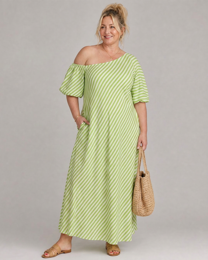 Seraphina | Randig Off Shoulder Puffärmad Midiklänning