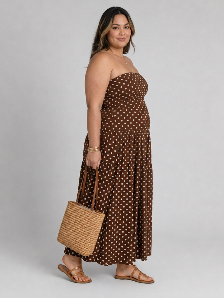 Olwen | Strapless Polka Dot Pattern Midi Klänning